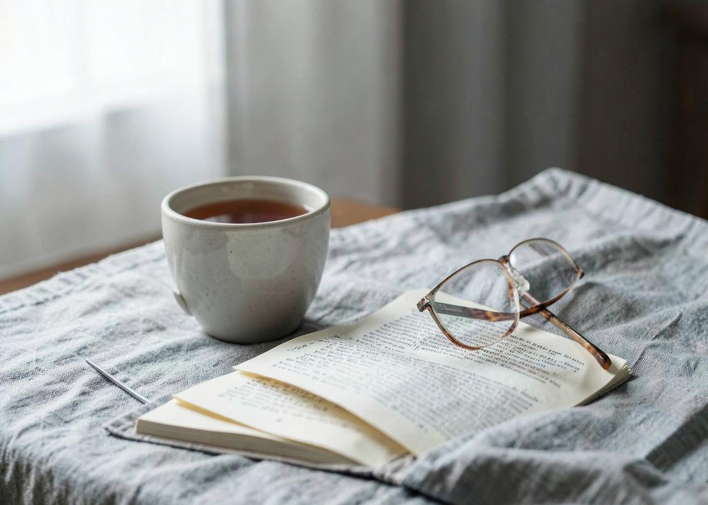 Cup of tea, reading glasses and an open book in daylight