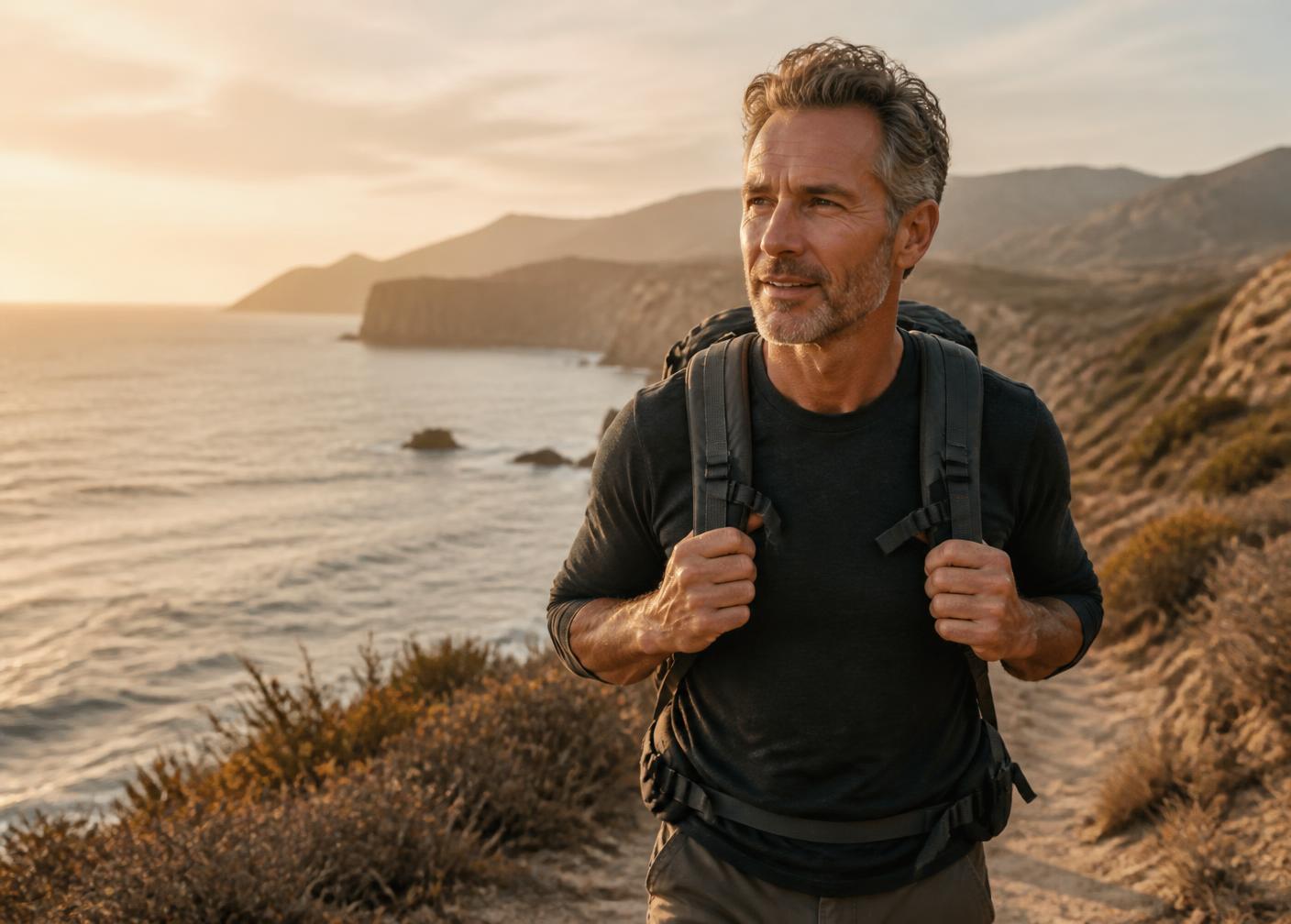 Man in his fifties hiking a coastal trail at dawn