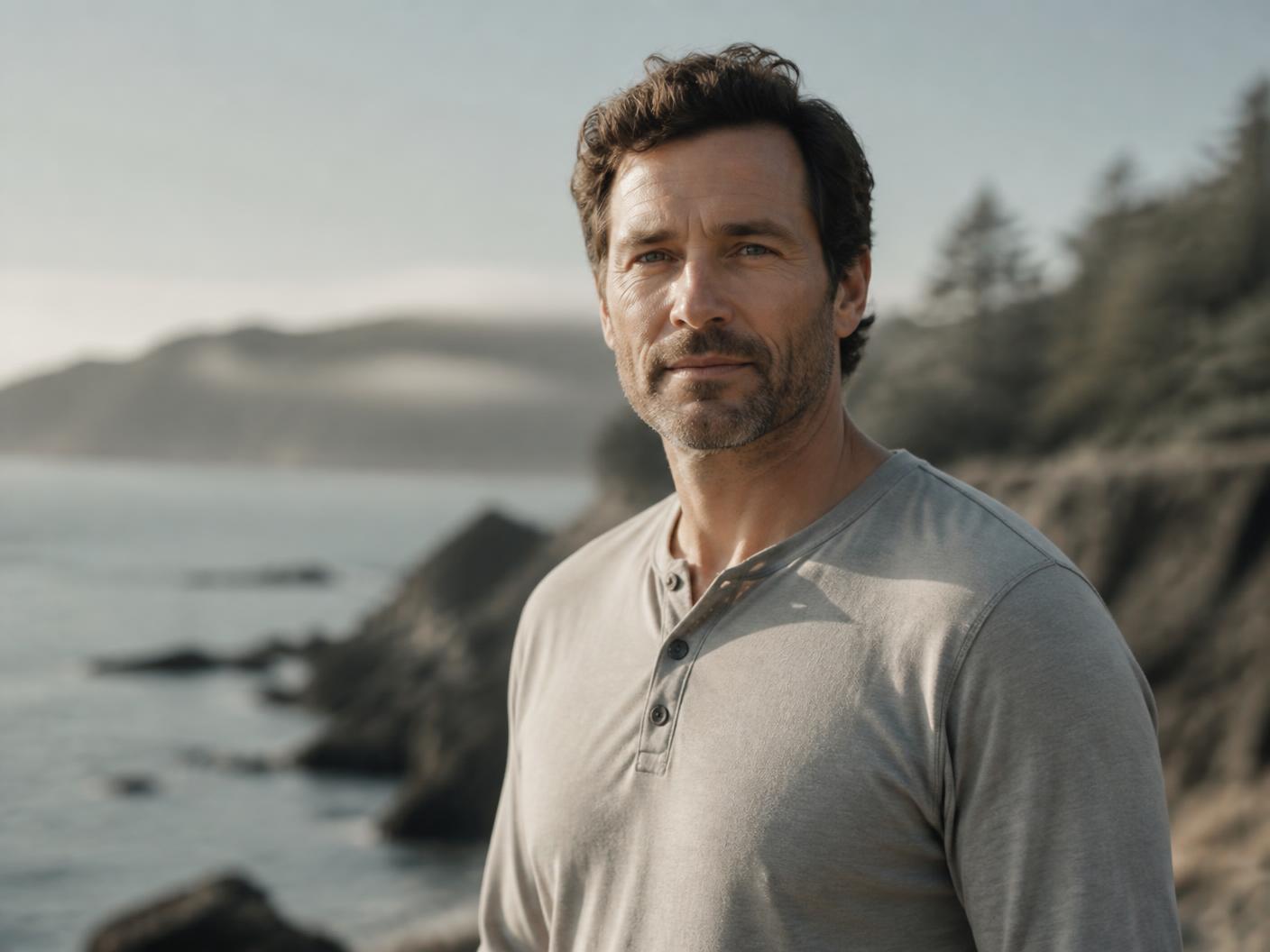 Man in his forties outdoors in soft morning light