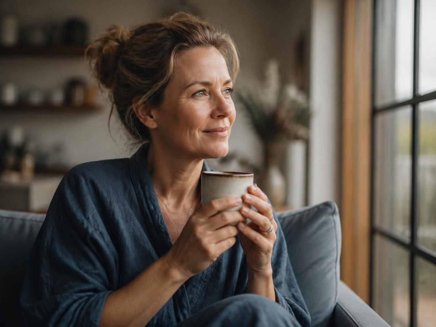 Woman at home in soft morning light