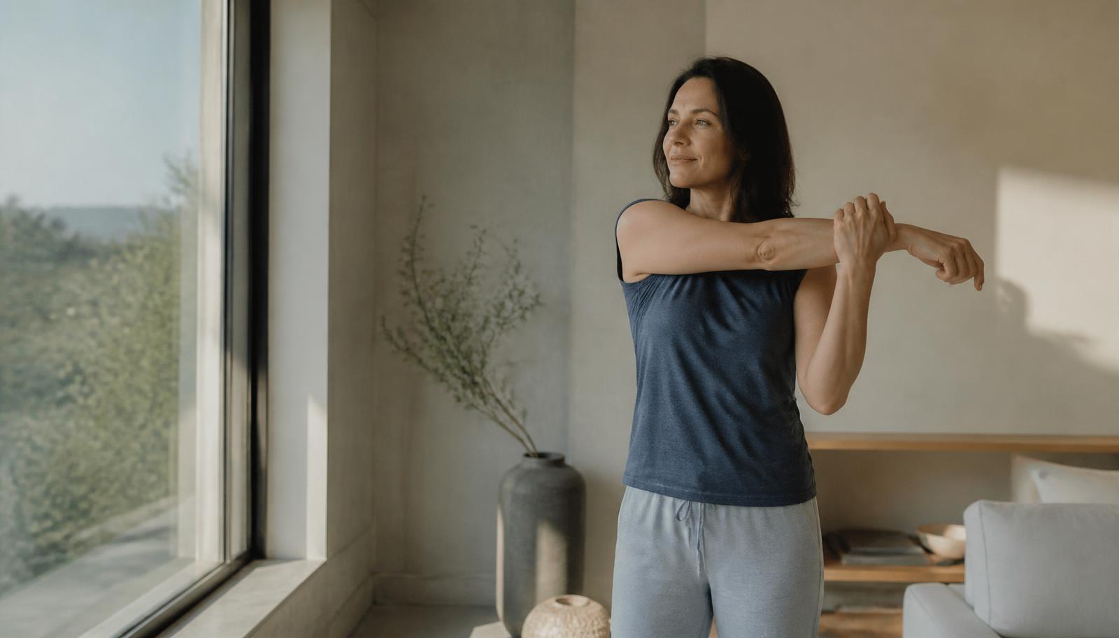 Woman stretching by a window in warm morning light